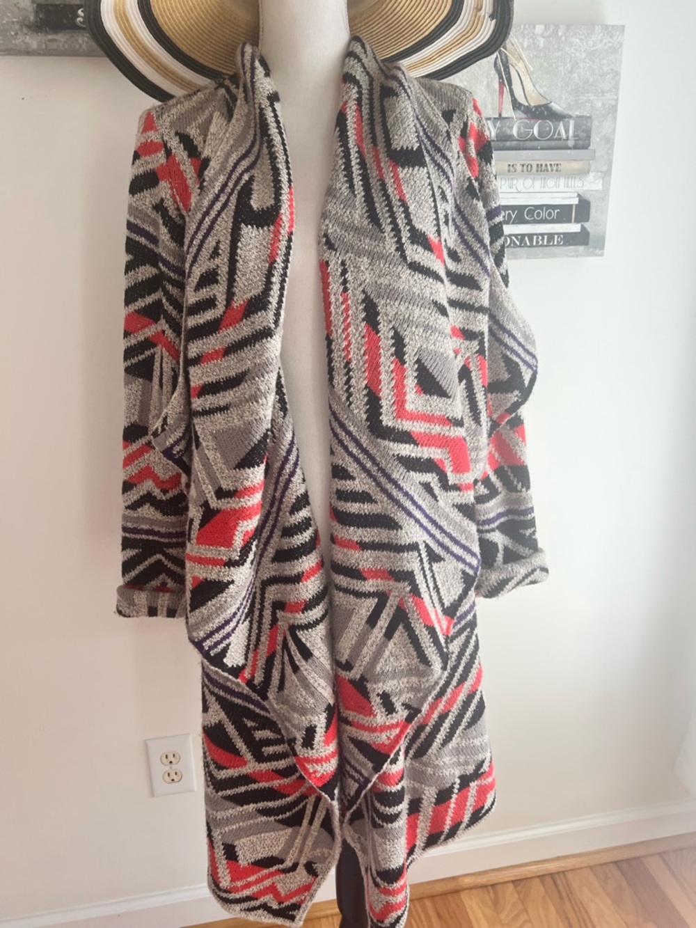 Lucky Brand Red, Black & Gray Geometric Knit Cardigan